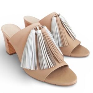 Loeffler Randall Cleo Tan Silver Leather Tassel Mules Shoes Chunky Wooden Heel 8